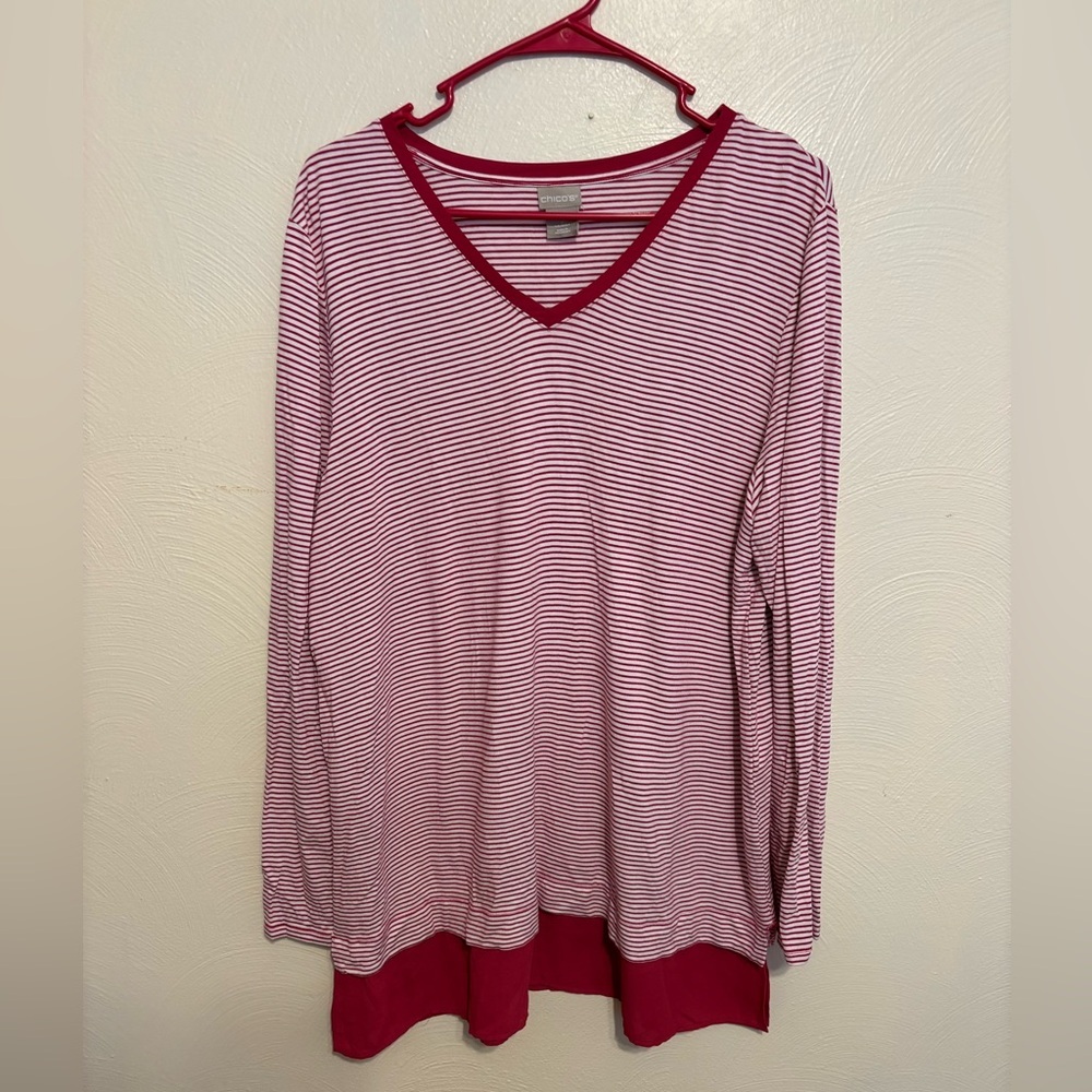 Chico’s Red & White Striped V-Neck Tunic Top Women’s 2